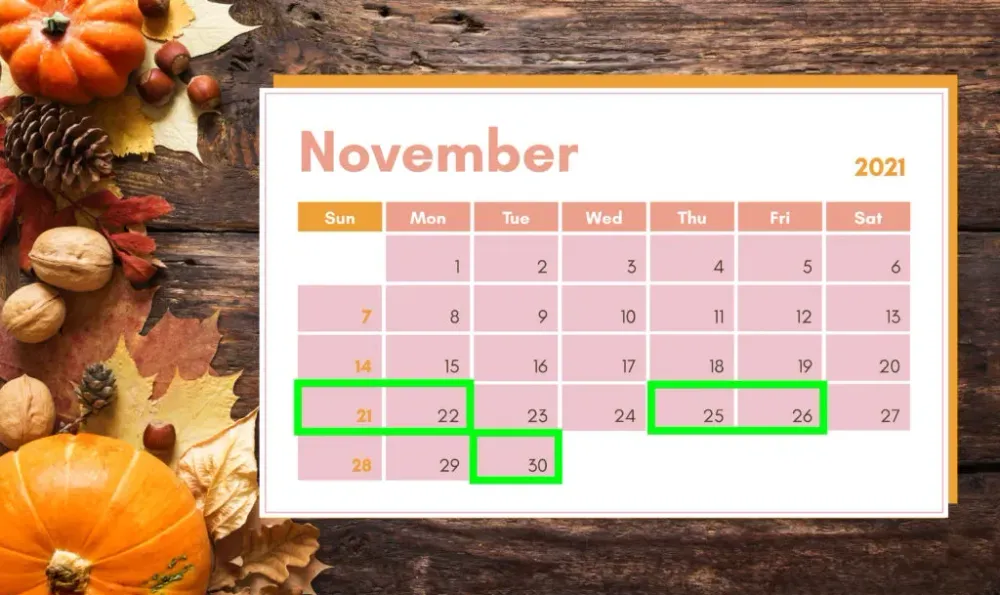 November calendar on Thanksgiving themed background showing the best days to travel for Thanksgiving